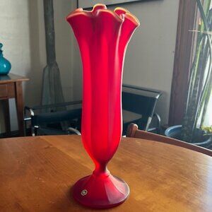 VINTAGE Westmoreland Tall Elegant Red Frosted Swung Glass Footed Vase